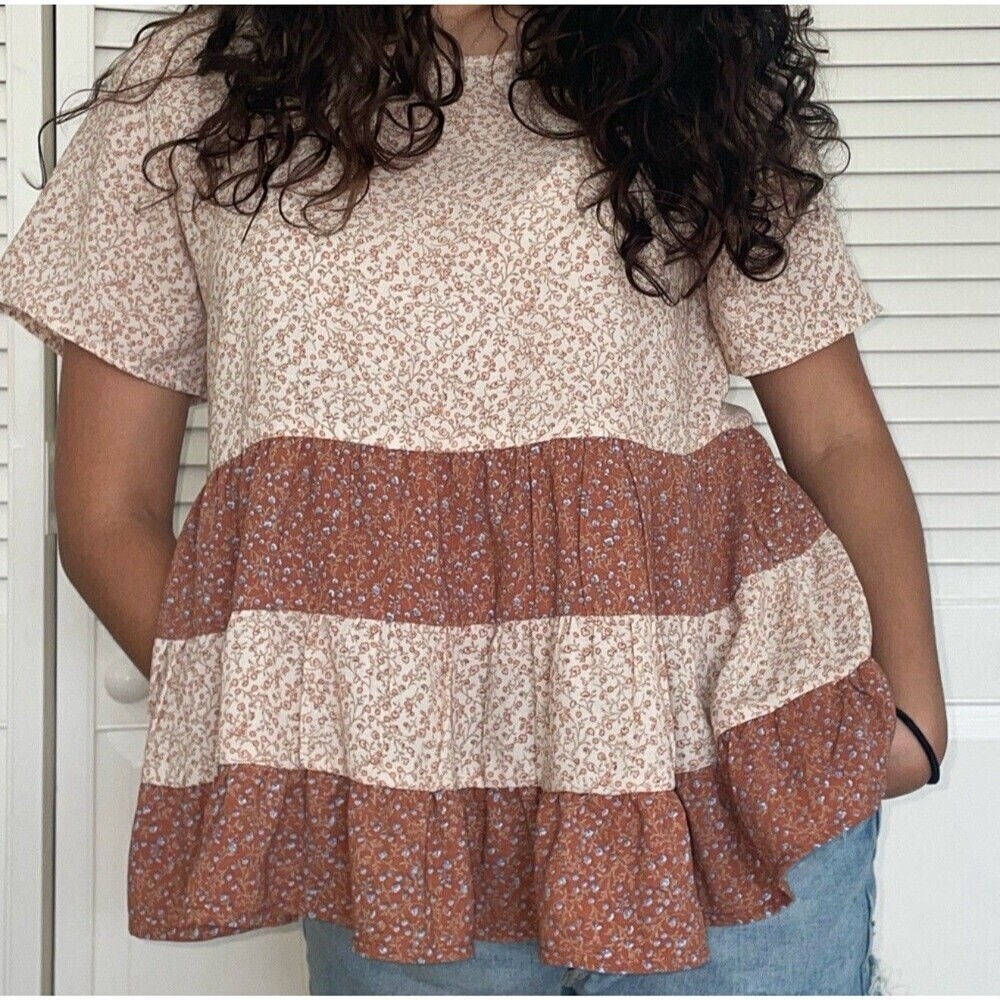 Paper Crane women Ditsy Floral Tiered Ruffle Peplum Babydoll  Boho Blouse S